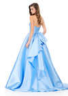 ASHLEYlauren 12358 | Sky mikado formal gown with fitted bodice, flowing skirt, and statement bow ruffle back