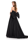 ASHLEYlauren 12387 Gown | Black glamorous mikado prom dress with strapless deep plunge sweetheart neckline and back of the waist statement bow