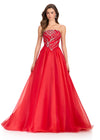 ASHLEYlauren 12389 Gown | Red dramatic organza ballgown prom dress with beaded strapless corset