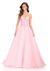 ASHLEYlauren 12390 Gown | Ice Pink detailed beaded sweetheart neckline corset organza prom dress with dramatic skirt