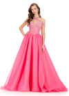 ASHLEYlauren 12393 Gown | Pink stunning beaded deep plunge cross neck off shoulder strap prom dress with organza ballgown skirt