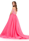 ASHLEYlauren 12393 Gown | Pink beaded deep plunge cross neck off shoulder strap prom dress with dramatic organza ballgown skirt