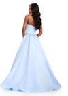 ASHLEYlauren 12395 Gown | Ice Blue evening gown with an elegant off-the-shoulder bow detail, structured corset back, and sweeping full train