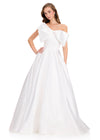 ASHLEYlauren 12395 Gown | Ivory elegant satin full length ball gown with big bow and a voluminous skirt