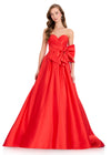 ASHLEYlauren 12396 Gown | Red ballgown designed with a structured strapless neckline, oversized side bow detail, and full flowing skirt with dramatic volume