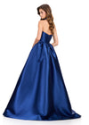 ASHLEYlauren 12397 Gown | Navy satin formal gown featuring a sleek strapless back, sculpted fit, and sweeping full skirt for a polished bridal-inspired look