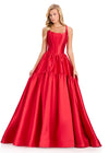 ASHLEYlauren 12398 Gown | Vibrant Red satin gown designed with wide straps, a corset-inspired bodice, and a dramatic gathered skirt for a timeless statement look