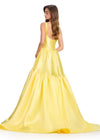 ASHLEYlauren 12398 Gown | Yellow satin evening gown with a low scoop back, fitted silhouette, and flowing tiered skirt with elegant train detail