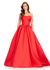 ASHLEYlauren 12399 Gown | Romantic Red ball gown with an asymmetrical draped bodice, elegant off-the-shoulder detail, and full sweeping skirt