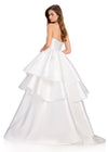 ASHLEYlauren 12400 Gown | Elegant Ivory satin evening gown with a fitted strapless bodice, cascading tiered skirt, and sweeping train for a dramatic finish