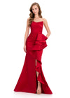 ASHLEYlauren 12408 Gown | Red full length form fitted prom dress strapless with ruffle on the side and corset backing
