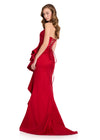 ASHLEYlauren 12408 Gown | Elegant red strapless gala dress with ruffle embellishment and dazzling corset back