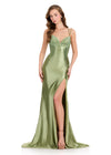 ASHLEYlauren 12412 Gown | Elegant fitted Sage gown with heavy beading at the bust that lightens downward, left thigh slit and gentle neckline ruching