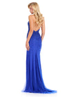 ASHLEYlauren 12413 Gown | Royal blue fitted sequin halter gown with a dramatic backless look, contoured bodice, and sweeping train finished with sheer ruffle edging