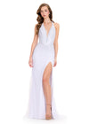 ASHLEYlauren 12413 Gown | Deep V halter gown featuring structured V boning, diminishing embellishment, and varied rhinestones