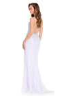 ASHLEYlauren 12413 Gown | Stunning White fully sequined halter gown with an open V-back, form-fitting silhouette, and statement mermaid hem with flowing train details