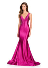 ASHLEYlauren 12414 Gown | Elegant berry full length sparkly prom dress with v neck zip up