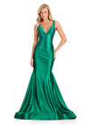 ASHLEYlauren 12414 Gown | Deep green full length prom dress with v neck and low cut v neck zip up gown
