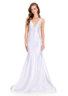 ASHLEYlauren 1214 Gown | dazzling Sparkly white v neck full length prom dress with zip up back