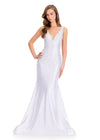 ASHLEYlauren 12415 Gown | Elegant white evening gown with v neck and white pearl embellishments