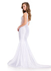 ASHLEYlauren 12415 Gown | Gorgeous white full length prom dress with v neck and pearls