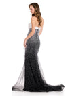 ASHLEYlauren 12418 Gown | Stunning strapless black gown with pearl embellishments and a white strap and white bow