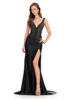 ASHLEYlauren 12419 Gown | Dazzling black formal full length v neck open back gown