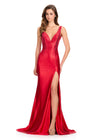 ASHLEYlauren 12419 Gown | Red carpet ready red full length v neck gown with sparkles zip up