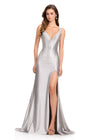 ASHLEYlauren 12419 Gown | Silver elegant v neck prom dress zip up and dazzling sparkles