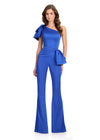 ASHLEYlauren 12428 Jumpsuit | Royal blue one shoulder jumpsuit with bow on shoulder and flare bottoms