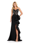 ASHLEYlauren 12435 Gown | Dazzling black gown with stones on the top and ruffles on the side strapless