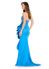 ASHLEYlauren 12435 Gown | Elegant blue strapless gown with vibrant beaded top and ruffles on the side