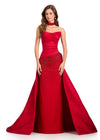 ASHLEYlauren 12436 Gown | vibrant red evening gown stoning on the bottom red overskirt and red stoned choker