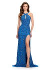 ASHLEYlauren 12438 Gown | Stunning blue gown fully beaded with a thigh-high slit