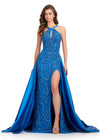 ASHLEYlauren 12438 gown| Blue fully beaded full length evening gown with elegant overskirt