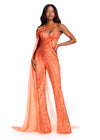 ASHLEYlauren 12439 Jumpsuit | Vibrant coral jumpsuit with fully beaded elements and a cape off the shoulder