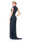 ASHLEYlauren 1624 | Navy fitted high neck gown with intricate bead pattern, cap sleeves, centre slit, and sweeping train.