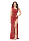 Red ASHLEYlauren 11277 one shoulder gown featuring intricate sequin and crystal beading, feather-accented neckline, left leg slit, and strappy open back.