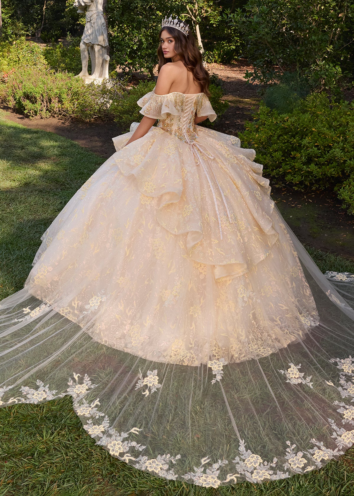 open lace back dress ASHLEYlauren 30102 Crystal Fringe Lace Organza Ball Gown