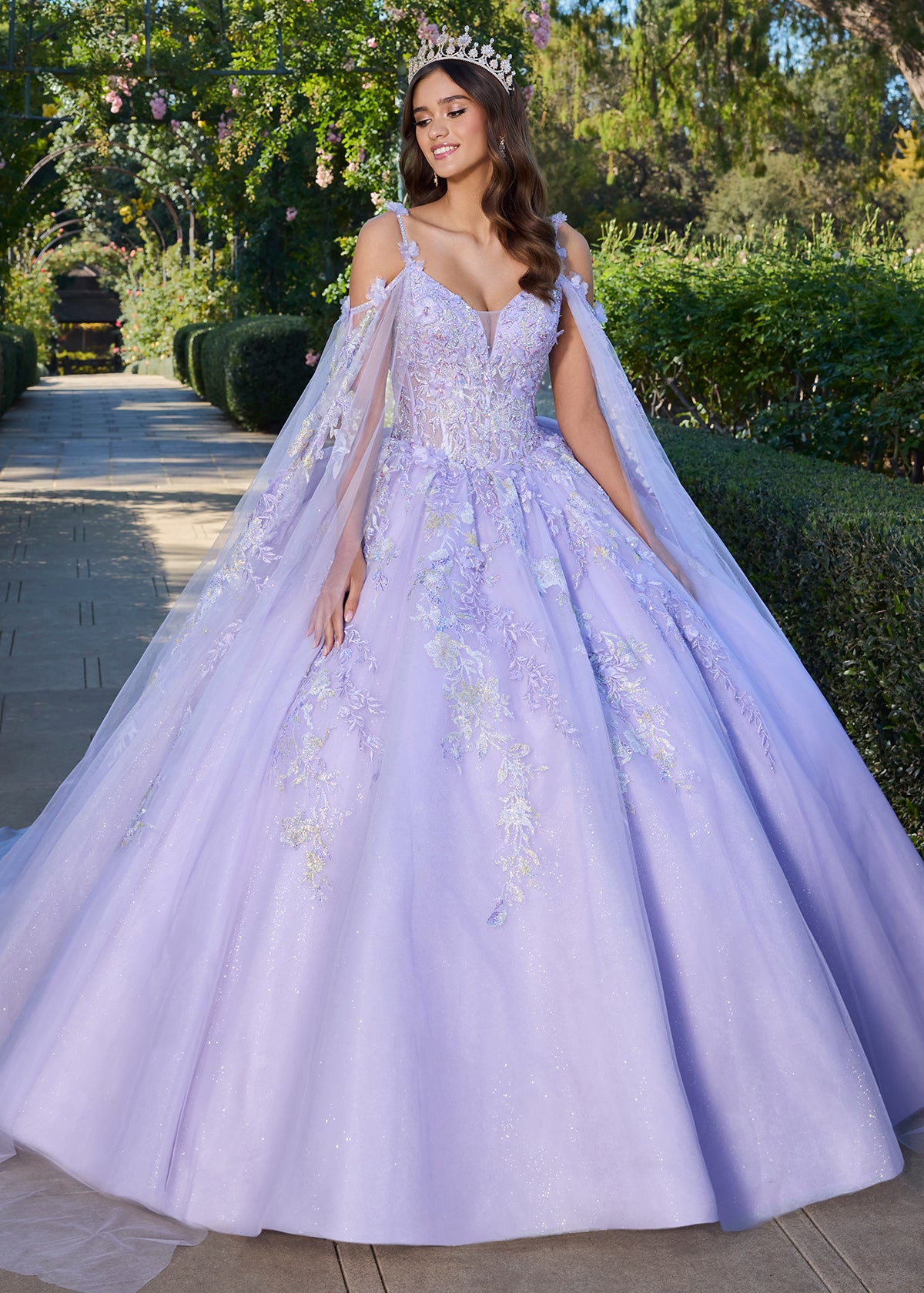 ASHLEYlauren 30107 Lace Organza Ball Gown with Bow Train