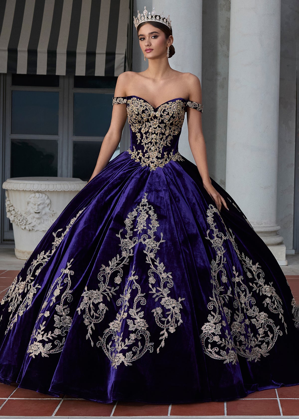 ASHLEYlauren 30110 Velvet Ball Gown with Metallic Lace