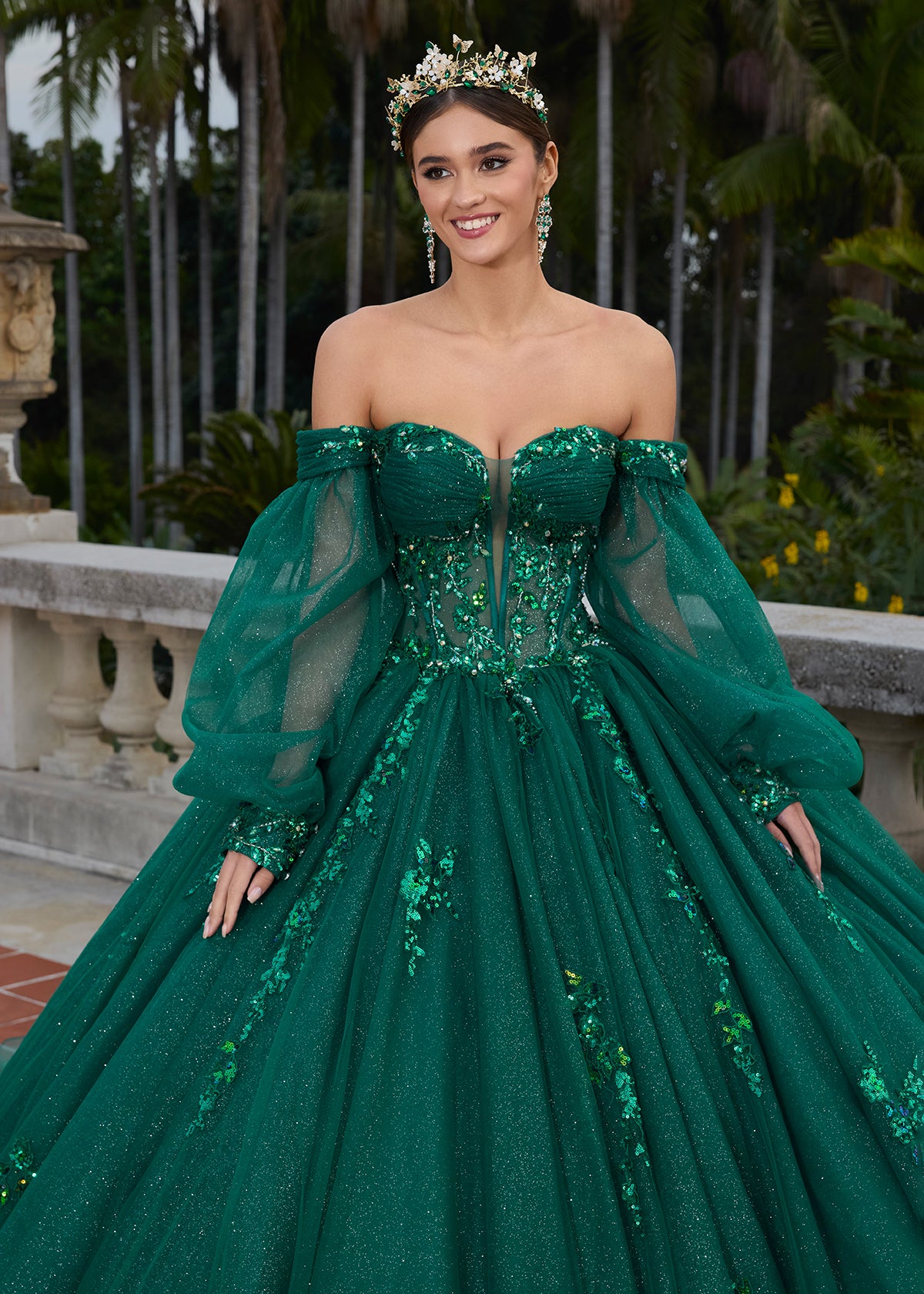 ASHLEYlauren 30116 Strapless Glitter Tulle Ball Gown with Puff Sleeves