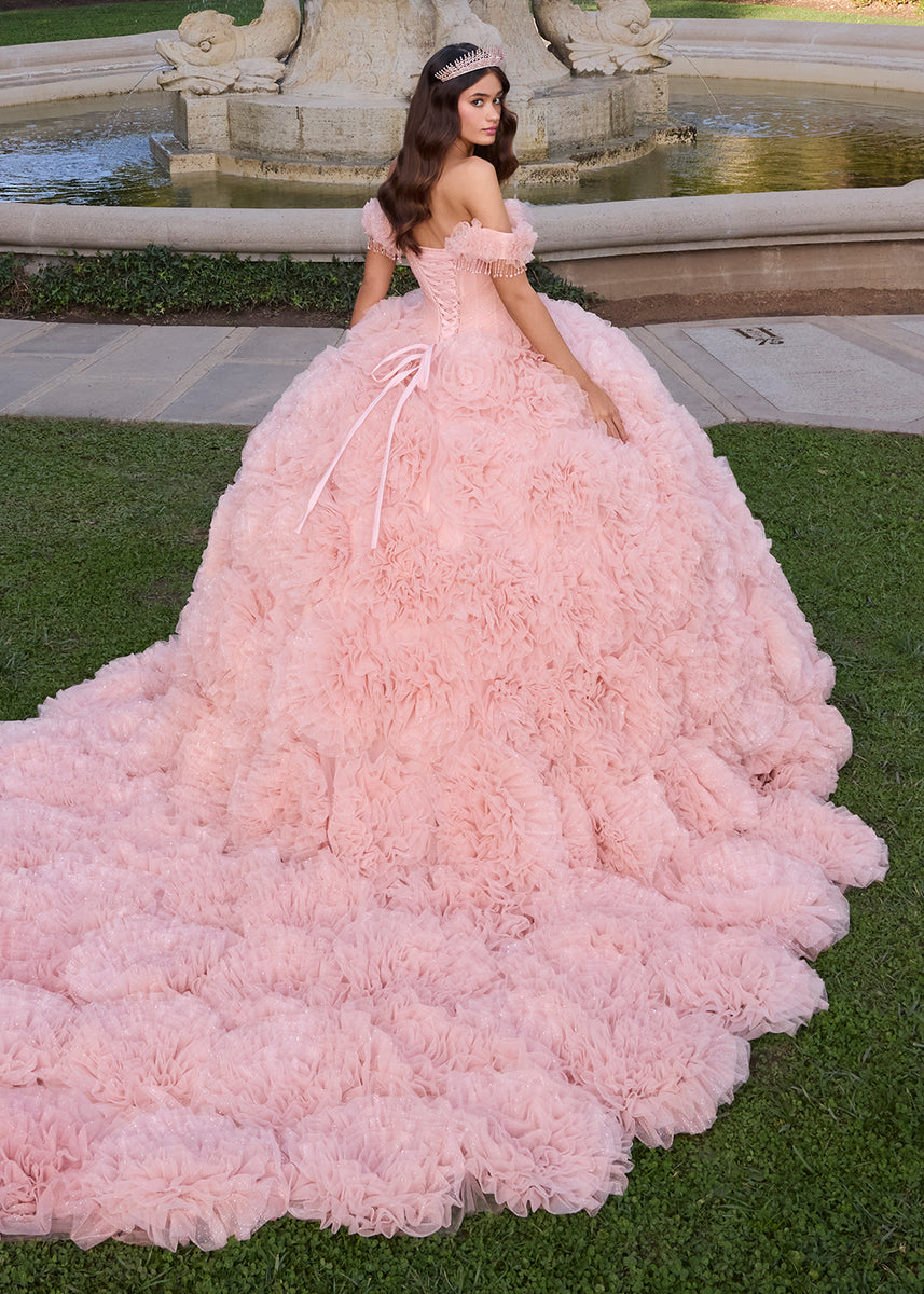 ASHLEYlauren 30122 Off-Shoulder 3D Floral Glitter Ball Gown