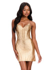 ASHLEYlauren 40020 Gown | Gold patterned beaded corset cocktail dress with v neckline