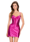 ASHLEYlauren 40021 Gown | Berry beaded patterned mini dress with lace up corset and v neckline