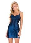 ASHLEYlauren 40021 Gown | Navy luxurious pattern beaded jersey cocktail dress with corset