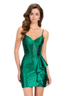 ASHLEYlauren 40022 Gown | Emerald side ruffled cocktail dress with beaded corset and v neckline