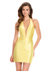 ASHLEYlauren 40026 Gown | Yellow flattering corset cocktail dress with deep plunge and back cascading ruffle