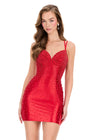 ASHLEYlauren 40045 Gown | Red bold beaded lace up corset open back cocktail dress with a sweetheart neckline