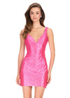 ASHLEYlauren 40047 Gown | Fuchsia v cut beaded jersey cocktail dress with open back